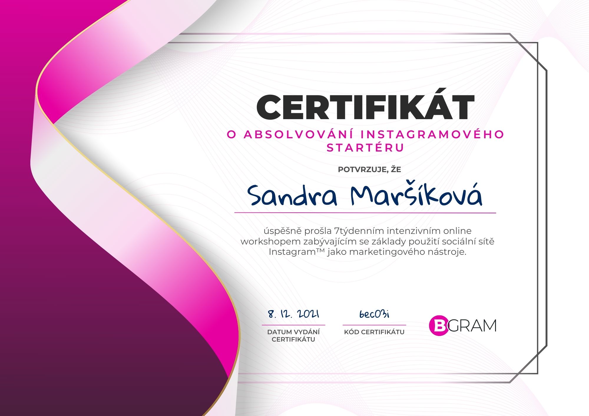 Certifikát Sandra Maršíková
